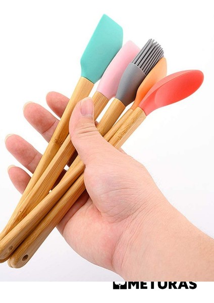 Mutfak Bambu Silikon Isıya Dayanıklı Kaşık Kepçe Takımı 5 Li Set