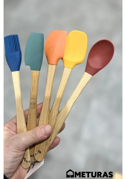 Mutfak Bambu Silikon Isıya Dayanıklı Kaşık Kepçe Takımı 5 Li Set