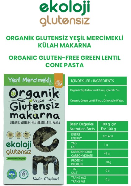 Organik Glutensiz Makarna Yeşil Mercimekli Külah 200 gr