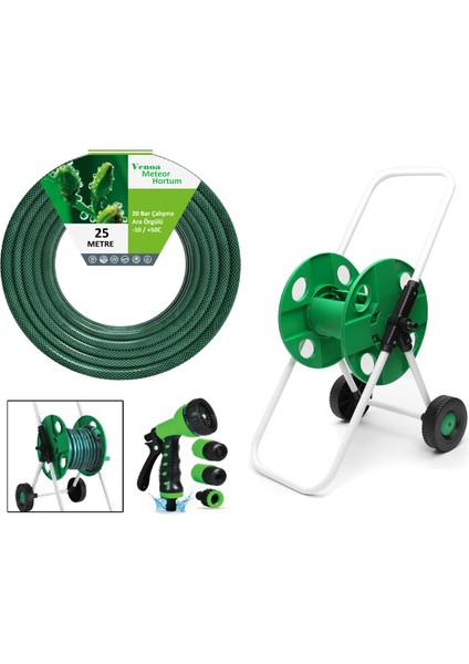 Meteor VDF25 Kırılmaz Örgülü Tekerlek Makaralı Bahçe Su Hortumu 25 mt 6 Parça indirimleri