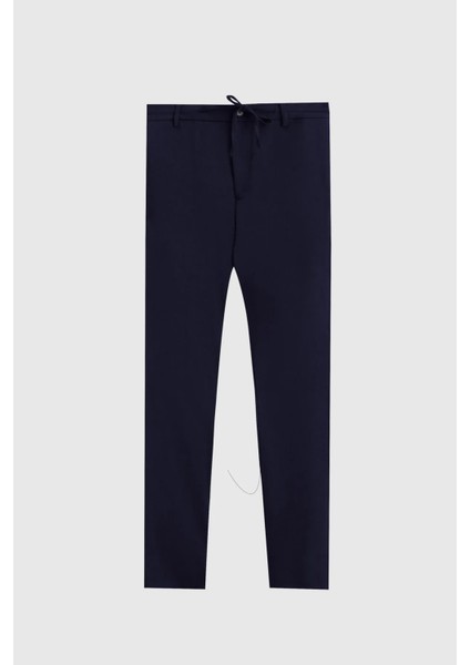 Erkek Slim Fit Beli Lastikli Ipli Fermuarlı Likralı Rahat Lacivert Jogger Pantolon