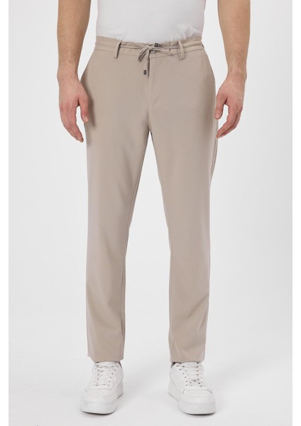 Erkek Slim Fit Beli Lastikli Ipli Fermuarlı Likralı Rahat Bej Jogger Pantolon