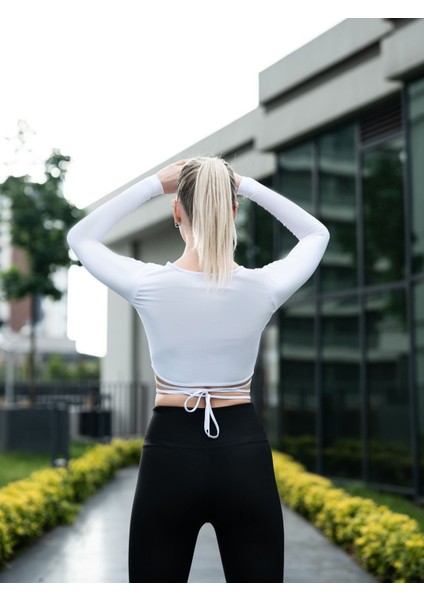Beli Bağlamalı V Yaka Dekolteli Spor Crop Tişört fiyatları