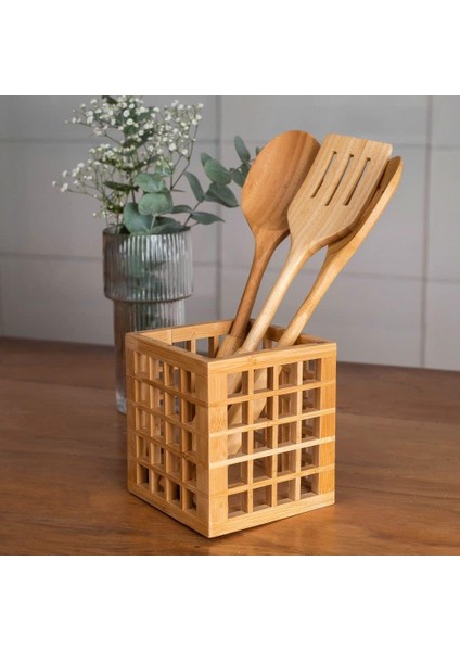 Mutfak Bambu Kare Modern Tasarımlı Kare Kaşıklık 13*13*15 cm