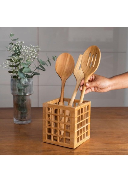 Mutfak Bambu Kare Modern Tasarımlı Kare Kaşıklık 13*13*15 cm modelleri