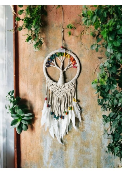 El Yapımı Renkli Ahşap Boncuklu Ağaç Modelli Düş Kapanı Dreamcatcher 23 x 70 cm