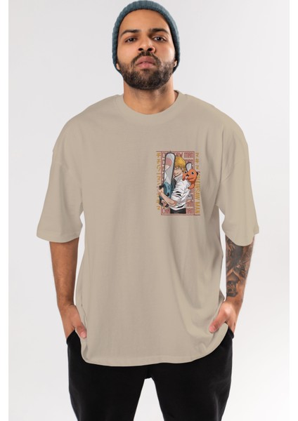 Chainsaw Denjı Ön Sol Baskılı Oversize T-Shirt Erkek Kadın Unisex Pamuk Bisiklet Yaka Tişort
