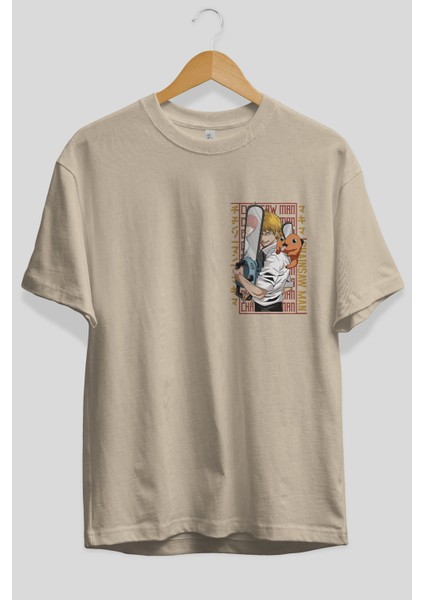 Chainsaw Denjı Ön Sol Baskılı Oversize T-Shirt Erkek Kadın Unisex Pamuk Bisiklet Yaka Tişort
