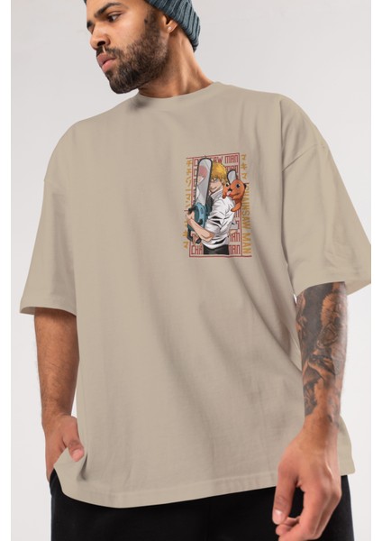 Chainsaw Denjı Ön Sol Baskılı Oversize T-Shirt Erkek Kadın Unisex Pamuk Bisiklet Yaka Tişort