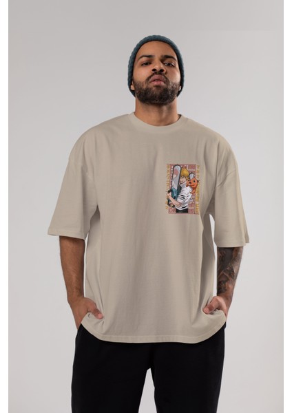 Chainsaw Denjı Ön Sol Baskılı Oversize T-Shirt Erkek Kadın Unisex Pamuk Bisiklet Yaka Tişort