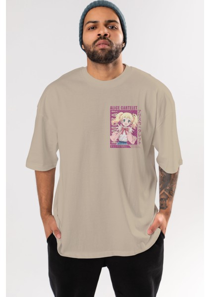 Alice Cartelet 12 Ön Sol Baskılı Oversize T-Shirt Erkek Kadın Unisex Pamuk Bisiklet Yaka Tişort
