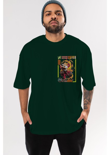Kyojuro Rengoku Ön Sol Baskılı Oversize T-Shirt Erkek Kadın Unisex Pamuk Bisiklet Yaka Tişort