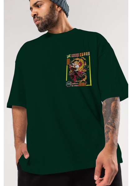 Kyojuro Rengoku Ön Sol Baskılı Oversize T-Shirt Erkek Kadın Unisex Pamuk Bisiklet Yaka Tişort modelleri