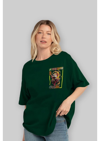 Kyojuro Rengoku Ön Sol Baskılı Oversize T-Shirt Erkek Kadın Unisex Pamuk Bisiklet Yaka Tişort fırsatları