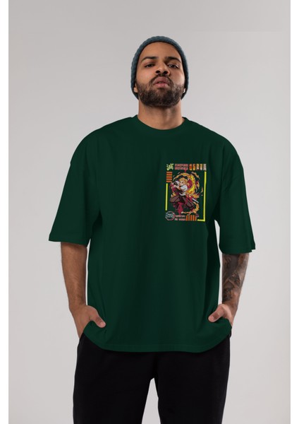 Kyojuro Rengoku Ön Sol Baskılı Oversize T-Shirt Erkek Kadın Unisex Pamuk Bisiklet Yaka Tişort indirimleri