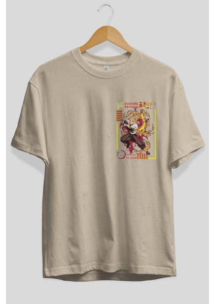 Kyojuro Rengoku Ön Sol Baskılı Oversize T-Shirt Erkek Kadın Unisex Pamuk Bisiklet Yaka Tişort fiyatları