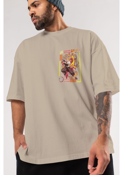 Kyojuro Rengoku Ön Sol Baskılı Oversize T-Shirt Erkek Kadın Unisex Pamuk Bisiklet Yaka Tişort modelleri
