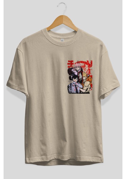 Chaınsawman Crew Ön Sol Baskılı Oversize T-Shirt Erkek Kadın Unisex Pamuk Bisiklet Yaka Tişort fiyatları