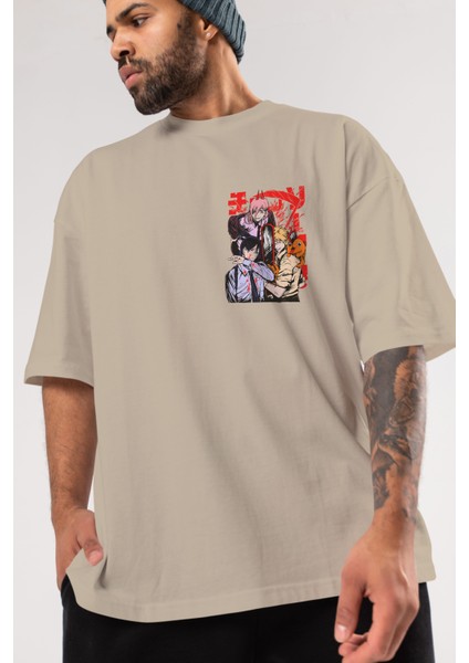 Chaınsawman Crew Ön Sol Baskılı Oversize T-Shirt Erkek Kadın Unisex Pamuk Bisiklet Yaka Tişort modelleri