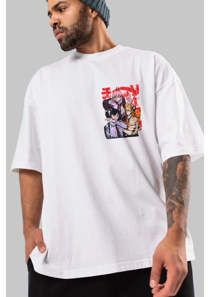 Chaınsawman Crew Ön Sol Baskılı Oversize T-Shirt Erkek Kadın Unisex Pamuk Bisiklet Yaka Tişort modelleri