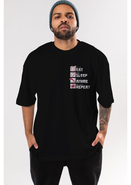 Eat, Sleep, Anime, Repeat Ön Sol Baskılı Oversize T-Shirt Erkek Kadın Unisex Pamuk Bisiklet Yaka Tişort