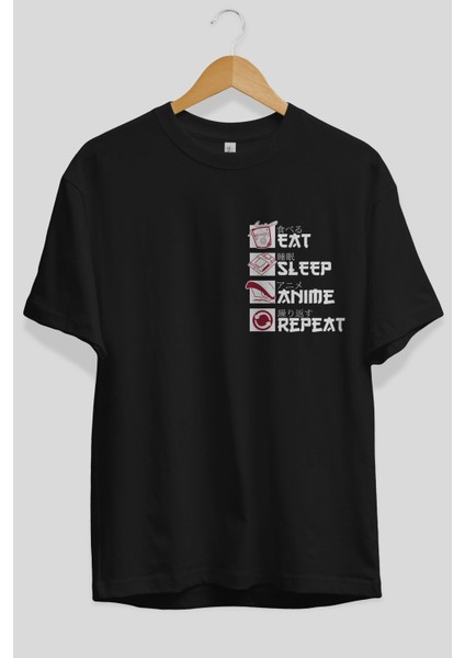 Eat, Sleep, Anime, Repeat Ön Sol Baskılı Oversize T-Shirt Erkek Kadın Unisex Pamuk Bisiklet Yaka Tişort fiyatları