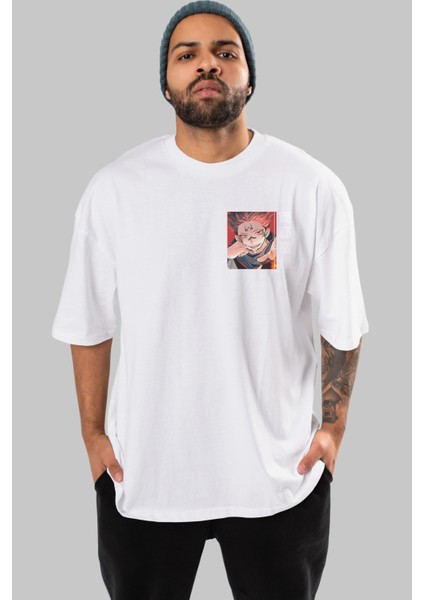 Sukuna Ryoumen 4 Ön Sol Baskılı Oversize T-Shirt Erkek Kadın Unisex Pamuk Bisiklet Yaka Tişort