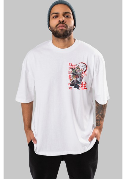 Demon Slayer Slayers Ön Sol Baskılı Oversize T-Shirt Erkek Kadın Unisex Pamuk Bisiklet Yaka Tişort