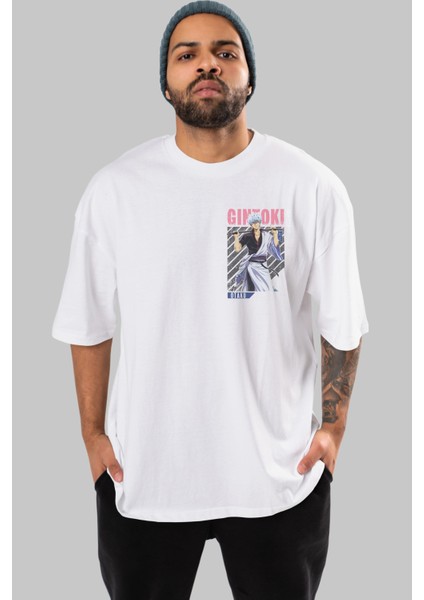 Gintoki Sakata Gıntama 3 Ön Sol Baskılı Oversize T-Shirt Erkek Kadın Unisex Pamuk Bisiklet Yaka Tişort