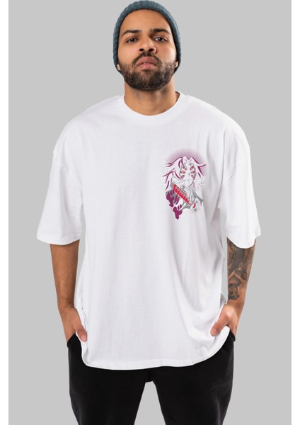 Kokushibo Ön Sol Baskılı Oversize T-Shirt Erkek Kadın Unisex Pamuk Bisiklet Yaka Tişort