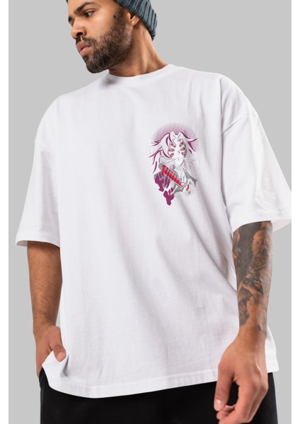 Kokushibo Ön Sol Baskılı Oversize T-Shirt Erkek Kadın Unisex Pamuk Bisiklet Yaka Tişort modelleri