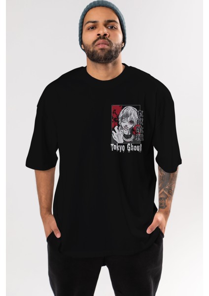 Kaneki Ken Tokyo Ghoul Ön Sol Baskılı Oversize T-Shirt Erkek Kadın Unisex Pamuk Bisiklet Yaka Tişort