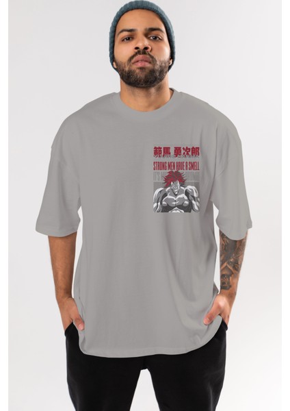 Yujıro Hanma Ön Sol Baskılı Oversize T-Shirt Erkek Kadın Unisex Pamuk Bisiklet Yaka Tişort