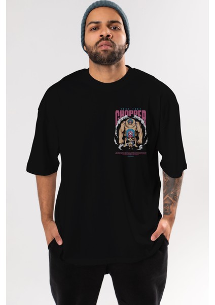 Tony Tony Chopper Ön Sol Baskılı Oversize T-Shirt Erkek Kadın Unisex Pamuk Bisiklet Yaka Tişort