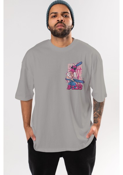 Denjı And Makıma Ön Sol Baskılı Oversize T-Shirt Erkek Kadın Unisex Pamuk Bisiklet Yaka Tişort