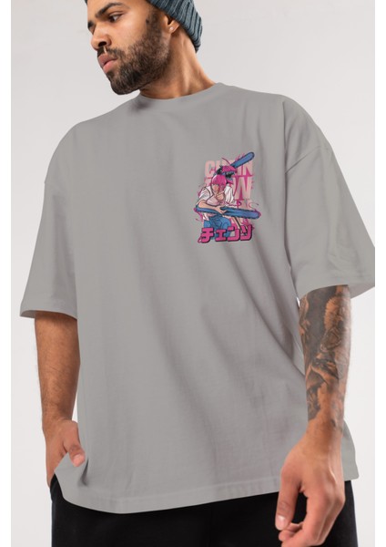 Denjı And Makıma Ön Sol Baskılı Oversize T-Shirt Erkek Kadın Unisex Pamuk Bisiklet Yaka Tişort modelleri