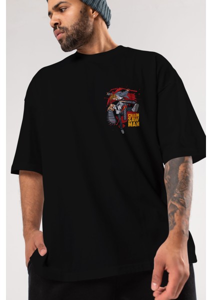 Denjı And Power Ön Sol Baskılı Oversize T-Shirt Erkek Kadın Unisex Pamuk Bisiklet Yaka Tişort modelleri