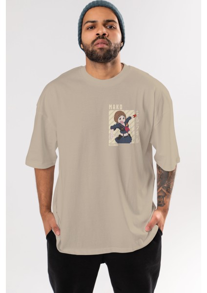 Mako Mankanshoku 1 Ön Sol Baskılı Oversize T-Shirt Erkek Kadın Unisex Pamuk Bisiklet Yaka Tişort