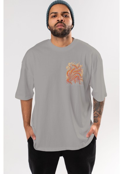 Naruto Kyuubı Ön Sol Baskılı Oversize T-Shirt Erkek Kadın Unisex Pamuk Bisiklet Yaka Tişort
