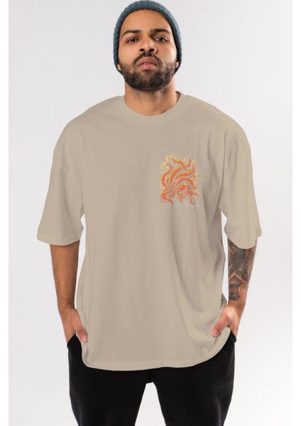Naruto Kyuubı Ön Sol Baskılı Oversize T-Shirt Erkek Kadın Unisex Pamuk Bisiklet Yaka Tişort