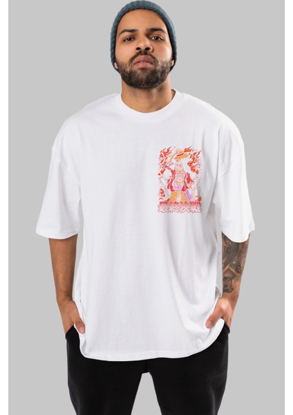 Monkey D. Luffy (3) Ön Sol Baskılı Oversize T-Shirt Erkek Kadın Unisex Pamuk Bisiklet Yaka Tişort
