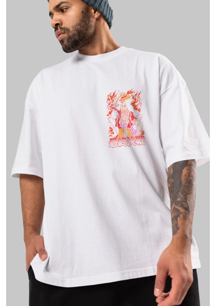 Monkey D. Luffy (3) Ön Sol Baskılı Oversize T-Shirt Erkek Kadın Unisex Pamuk Bisiklet Yaka Tişort