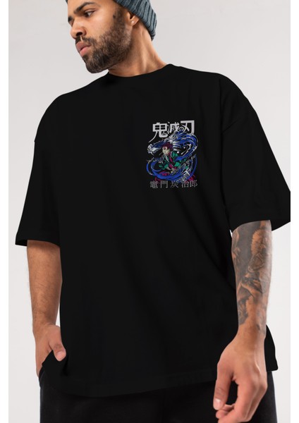 Tanjıro Kamado 2 Ön Sol Baskılı Oversize T-Shirt Erkek Kadın Unisex Pamuk Bisiklet Yaka modelleri