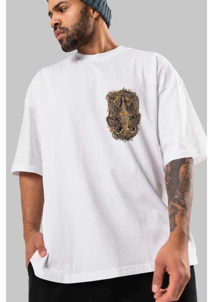 Trıbal (3) Ön Sol Baskılı Oversize T-Shirt Erkek Kadın Unisex Pamuk Bisiklet Yaka Tişort modelleri