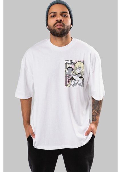 Waifu Pushup Ön Sol Baskılı Oversize T-Shirt Erkek Kadın Unisex Pamuk Bisiklet Yaka Tişort