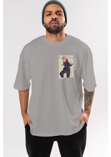 Yuuji Itadori 1 Ön Sol Baskılı Oversize T-Shirt Erkek Kadın Unisex Pamuk Bisiklet Yaka Tişort