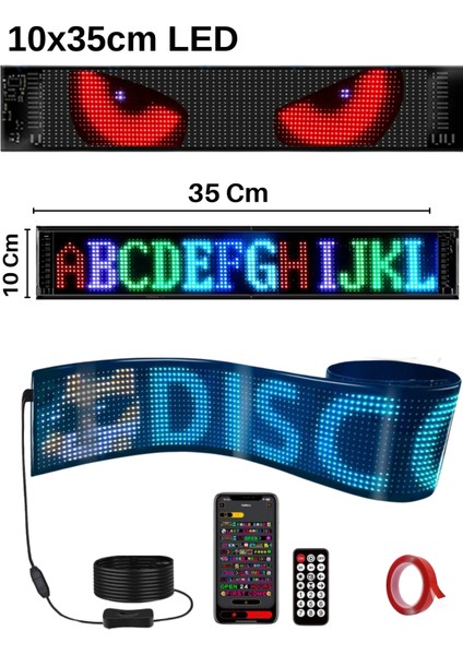10x35 cm Matrix Led Ekran Esnek APP Telefon Kontrollü Cama Yapışan Araba, Kamyon, Dükkan Şeytan Gözler, Kayan Yazı, Emoji Özellikli Su Geçirmez Bluetooth Tabela
