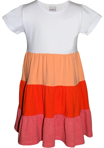 Beyaz+ Turuncu Melanj Kat Kat Renkli Kız Çocuk Kısa Kollu Elbise