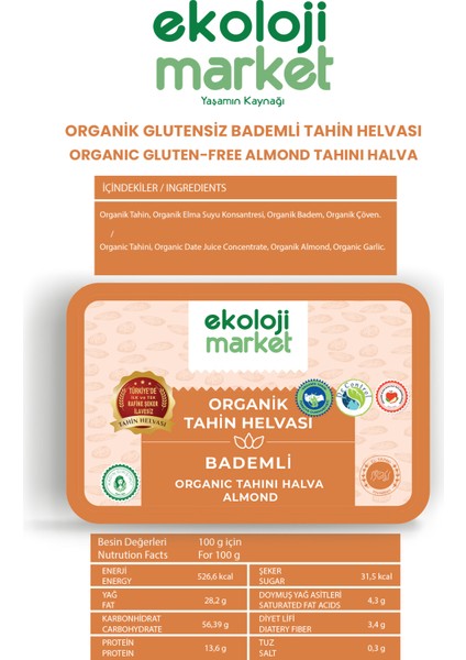 Organik Glutensiz Şekersiz Tahin Helvası Bademli 200 gr fırsatları