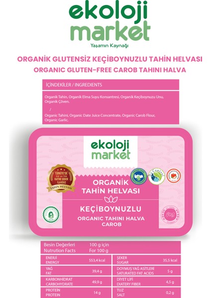 Organik Glutensiz Şekersiz Tahin Helvası Keçiboynuzlu 200 gr fırsatları